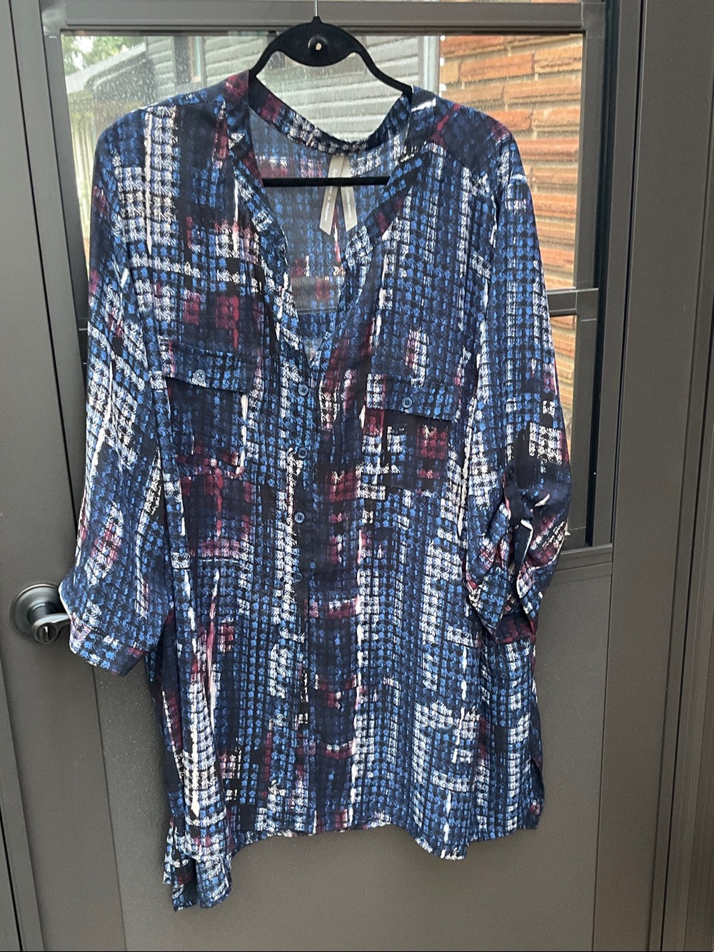Penningtons Blue Plaid-Style Button Tunic with Burgundy Accents